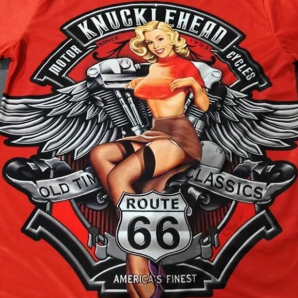 Retro Graphic Knucklehead Motorcycles Pin-Up Girl T-Shirt Men's Large Unisex Tee - Picture 2 of 3